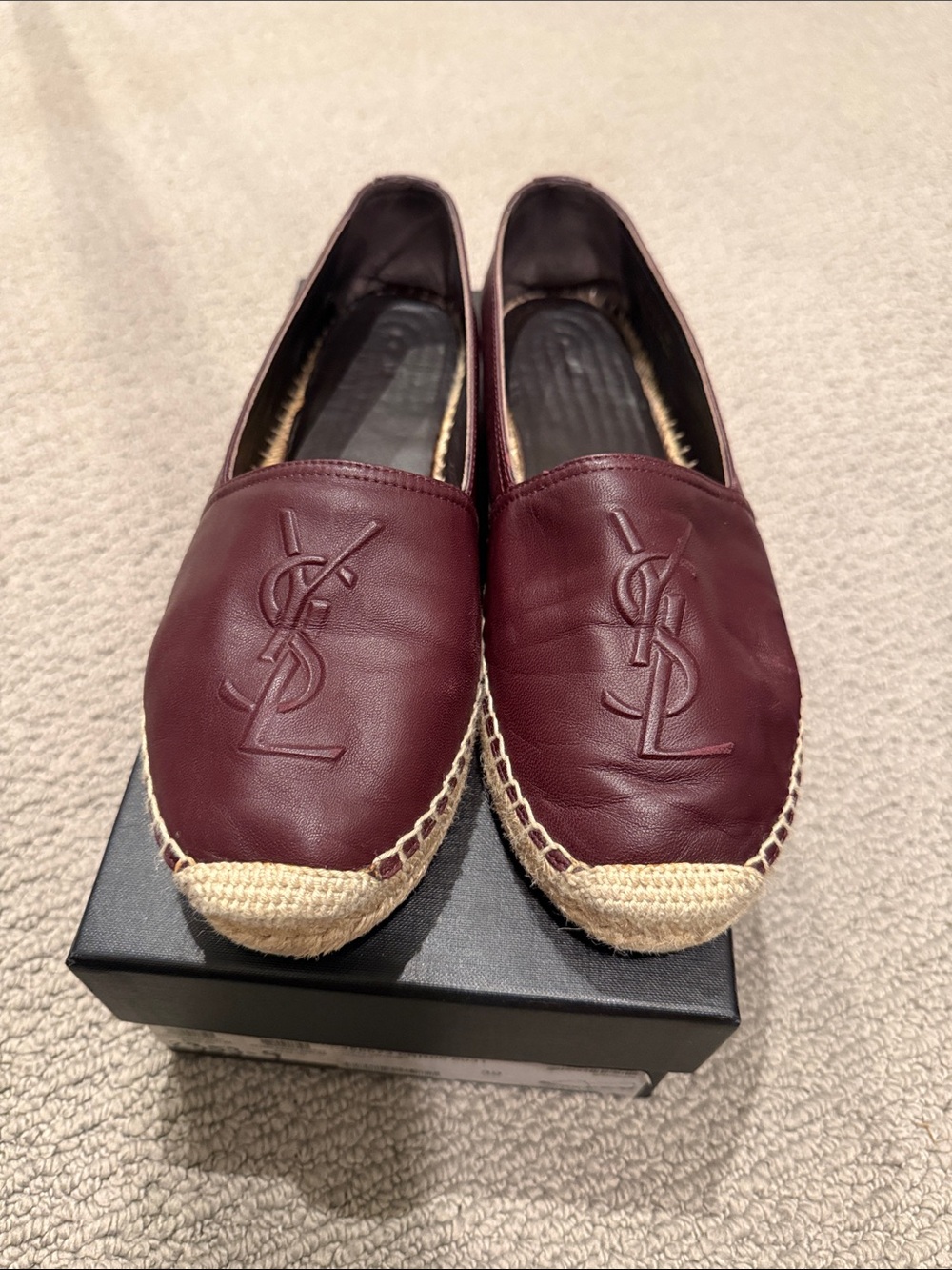 Yves Saint Laurent Burgundy Leather Espadrille Slip-Ons with Jute Trim